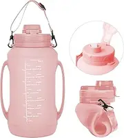 Collapsible Silicone Water Bottles, 2 Litre Foldable Water Bottle, Portable Foldable Water Bottle, Leak-proof Water Bottle with Time Marking and Straw for Hiking, Camping, Climbing (Pink)