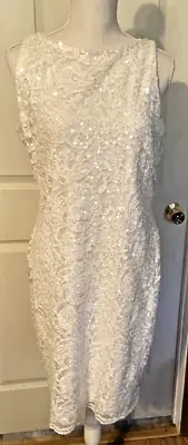 Ralph Lauren Ivory White Sequined Lace Shift Dress Size 14 Sleeveless Lined NWT
