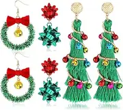 [NVENF] Christmas Earrings for Women Xmas Bow Wreath Earrings Long Tassel Christmas Tree Earrings Festive Gifts Holiday Accessory