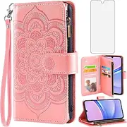 [Asuwish] Phone Case for Samsung Galaxy A15 5G Wallet Cover with Tempered Glass Screen Protector and Flower Leather Flip Credit Card Holder Stand Lanyard Cell Accessories A 15 4G 15A Women Men Rose Gold