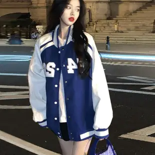 國潮克萊因藍棒球服外套女春秋季韓版寬鬆百搭休閒女學生上衣夾克
