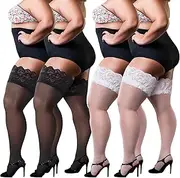 [JaGely] 4 Pairs of 3 XL Plus Size Thigh High Stockings Black White Nylon Lace Top Silky Pantyhose Semi Sheer Plus Size Hosiery for Women for Thick Thighs, Black and White, Medium