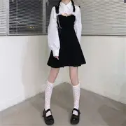 Collar Long-Sleeve Cropped Ruffled Blouse / V-Neck Plain Spaghetti Strap A-Line Mini Dress Dress - Black - One Size