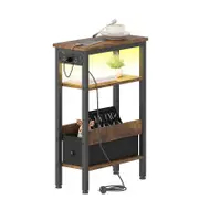 Advwin LED Side Table w/ Charging Station Narrow Bedside Table w/ Open Drawer & Open Shelf Walnut