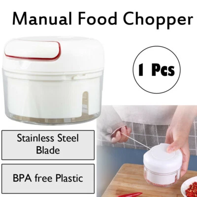 1x Mini Chopper Stainless Steel Blade Manual Pull Cord Chop Salad Bowl Hand Food