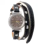 LV Q1212 TAMBOUR系列銀色鉚釘造型穿式三圈皮革石英仕女腕錶(黑-25MM)