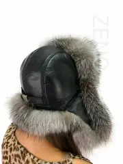 Frost Fox Fur Hat With Leather Natural Color Fur Saga Furs Trapper Aviator Hat