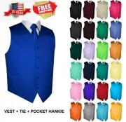 Men's Satin Tuxedo Vest, Tie and Hankie. Formal Dress Wedding Prom Homecoming