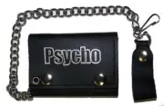 GENUINE LEATHER PSYCHO WORD TRI-FOLD MEN WALLET W SNAP ON CHAIN GI647 biker NEW