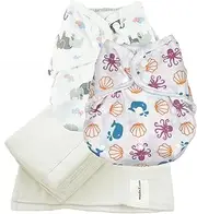 MuslinZ 2 Cloth Nappy Covers + 6 Pack Prefold Muslin Nappies White Size 2 Approx 6m-Potty (Size 2, White/Sealife Print)