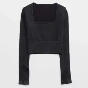 New OFFLINE By Aerie Seamless Cable Square Neck Tee Shirt Black Size Medium