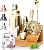 Gold Bartender Kit - Stainless-Steel Cocktail Shaker Set w/Bamboo Stand - Bar