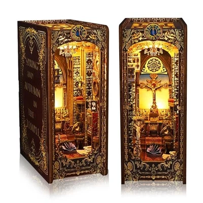 Book Nook Kit for Adults – DIY Miniature Bookshelf Insert with LED Lights,