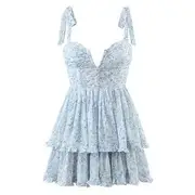 Tie-Shoulder Plain Shirred Mini A-Line Layered Dress Blue & White - L