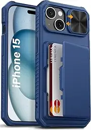 Vihibii for iPhone 15, iPhone 14, and iPhone 13 Wallet Case with Card Holder (4 Cards), [RFID Blocking] & Slide Lens Camera Cover & Raised Edges Protect Screen, Shockproof Wallet Phone Case, Blue