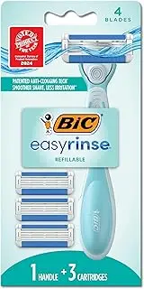 BIC EasyRinse Anti-Clogging, Refillable Women's Razors With 4 Blades, 1 Razor Handle and 3 Refill Razor Cartridges Razor Kit