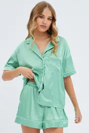 Green Satin Pj Piping Button Through Pyjama Set - Size L, Women's Pj Set