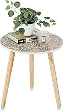 Hanobe Small Round Side Table: Boho Floral End Tables for Living Room Bohemian Accent Bedside Table White Bedroom Nightstand Farmhouse Home Decor Decorative with 3 Wood Legs, Easy Assembly