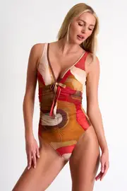 SHAN Classic One-Piece Swimsuit With Front Bow Detail in Print at Nordstrom, Size 14