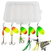 Fishing Spinners, Fishing Kit,Sequins Metal Lures with Feathered Hooks - 5x Spinnerbait Jigs with Tackle Box, Fishing Accessories for Bass Trout Salmon Zander