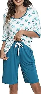 [LazyCozy] Bamboo Pajama Shorts Set for Women Silky Soft Sleepwear Short Sleeve Tops and Bermuda Shorts Matching Lounge Set