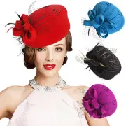 Womens Embroidered Wool Felt Veil Netting Pillbox Hat Fascinator A140
