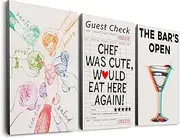Bar Cart Accessories - Kitchen Canvas Wall Art, Retro Cocktail Bar Wall Decor Sign, Trendy Funky Posters for Room Aesthetic, Chef Was Cute Would Eat Here Again Sign Art, Ready to Hang (12"x16")