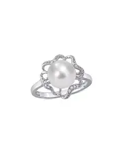 Rina Limor Silver 0.04 ct. tw. Diamond 9-9.5mm Pearl Floral Cocktail Ring