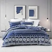 Boho Duvet Cover Queen Size, Bohemian Navy Duvet Cover Set with Zipper Closure Soft Boho Aztec Bedding Comforter Cover with Zipper Ties(No Comforter)