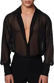 [COOLOYA] Men's Mesh Sheer Solid Long Sleeve Collar Button Front Party Shirt Tops