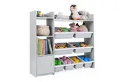 Giantex Kids Toy Storage Organiser Toddler Bookcase Toy Display Shelf w/8 Storage Boxes & Open Shelves Grey