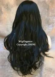 EXTRA Long Flowing Beachy wavy Full Wig Jet Black Bangs layered JSJO 1 NWT