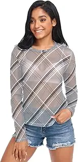 [RPLIFE] Plaid Grey Mesh Long Sleeve Tops for Women, Party Tops for Women Long Sleeve S-XXL