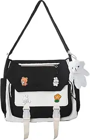 [PRLINJSK] Cute Messenger Bag for Teen Girls Women, Kawaii Crossbody Shoulder Purse with Pins and Stuffed Pendant Gift, Black, Large, Messenger Bag