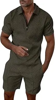 [Generic] Casual Men'S Short Sets Outfits 2 Piece 1/4 Zip Polo Shirt And Shorts Sets Summer Print Short Sleeve Tracksuit Chic