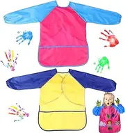 YCHYAN Pack of 2 Children's Painting Aprons, Waterproof Painting Coat, Craft Protectors for Children with 3 Pockets, Back with Adhesive Buckle, Can Be Used for Classroom Painting, Outdoor Sand Game