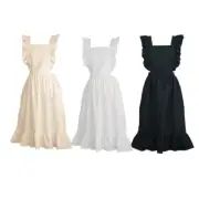 Women Plain Work Apron Pinafore Dress Adjustable Casual Apron for Cooking Garden