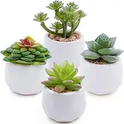 Lenamos 4pcs Artificial Succulent Plants in White Ceramic Pots, Fake Small Fake Plants, Faux Mini Succulents Plants Indoor for Desk Living Room Bedroom Windowsills Office Home Decoration