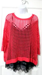 EXPRESS Womens Beach Cover-Up Accent Knit Fish Net Sweater Top Coral Top NEW LG