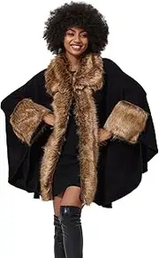 [SUFCOMOU] Women Poncho Cape Shawl Wrap Open Front Winter Faux Fur Trim Coat With Hooks Cardigan Dressy Cloak Tops