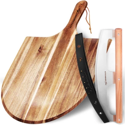 KitchenStar Pizza Cutter Rocker 16" Blade + Wooden Pizza Peel 16" - Pizza Making