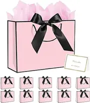 [LOYOBOHO] 10 Pack Pink Black Bow Gift Bags with Handles, 32 x 25 x 11CM Large, Contains 20 Sheets Tissue Papers & 10 Greeting Cards for Wedding, Birthday, Valentine's Day, Paper Bags