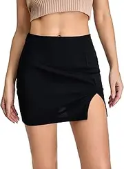 [WDIRARA] Women's Plaid Mid Waist Split Hem Over Knee Mini Grid Bodycon Skirt, Black split hem, L