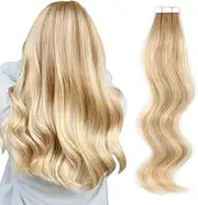 AmazingBeauty Semi-permanent Pre-taped Double Sided Rooted highlight tape in hair extensions human hair, Real Remy Human Hair, Dark Dirty Blonde/Platinum Blonde with Ash Brown Root R8-12/60, 20 Inch