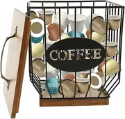 DNAMYJME Coffee Pod Holder Large Capacity K Cup Holder with Lid Versatile Coffee Pods Organizer Modern K Cup Organizer with Wooden Base Black Wire Coffee Pods Storage Organizer for Coffee Bar Counter