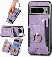 for Google Pixel 8 Pro Phone Case Wallet with Card Holder,PU Leather Flip Folio Case,RFID Blocking Ring Holder Kickstand Wrist Strap Magnetic Protective Women Men Cover for Google Pixel 8 Pro Purple