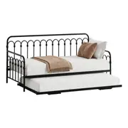 Oikiture Trundle Bed Frame Daybed Single Size Base Metal Single Beds x2 Black