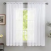 Short Sheer Curtains for Living Room, Rod Pocket Super Soft White Sheer Curtain Panels for Bedroom, Kitchen, Translucent Soild Cafe Curtains - Sheer Airy and Breathable, 2 Panels White, W132 x D114 cm