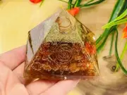 Carnelian Orgone Pyramid with Reiki Sign & Clear Quartz Point, Reiki Chakra, 3"
