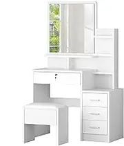ALFORDSON Makeup Vanity Desk with 4 Storage Drawers, Mirror and Chair, Dressing Table Stool Set Dresser Organiser for Dressing Room, White Colour